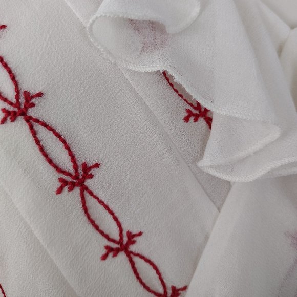 Free People White Chiffon Red Embroidered V Neck Boho Tunic Top - Picture 8 of 16
